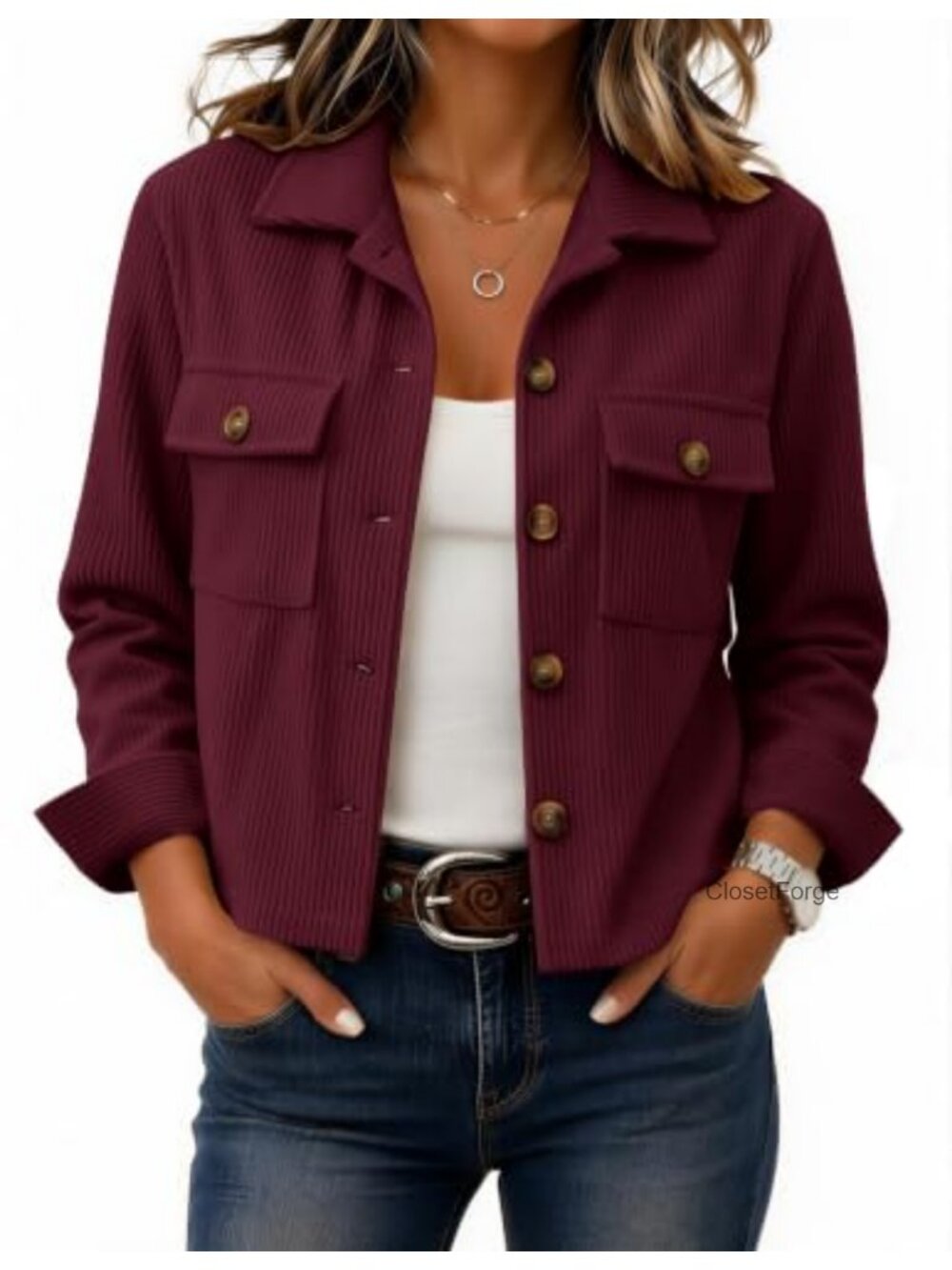Cropped Corduroy Button Down Long Sleeve Jacket Coat